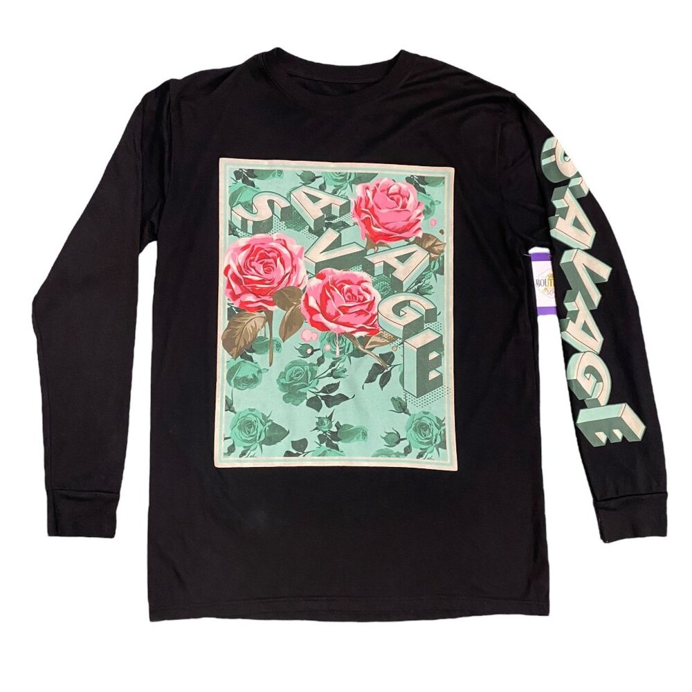 Hustle OG L Savage Tshirt Long Sleeve Spell Out Graphic Print Roses Streetwear